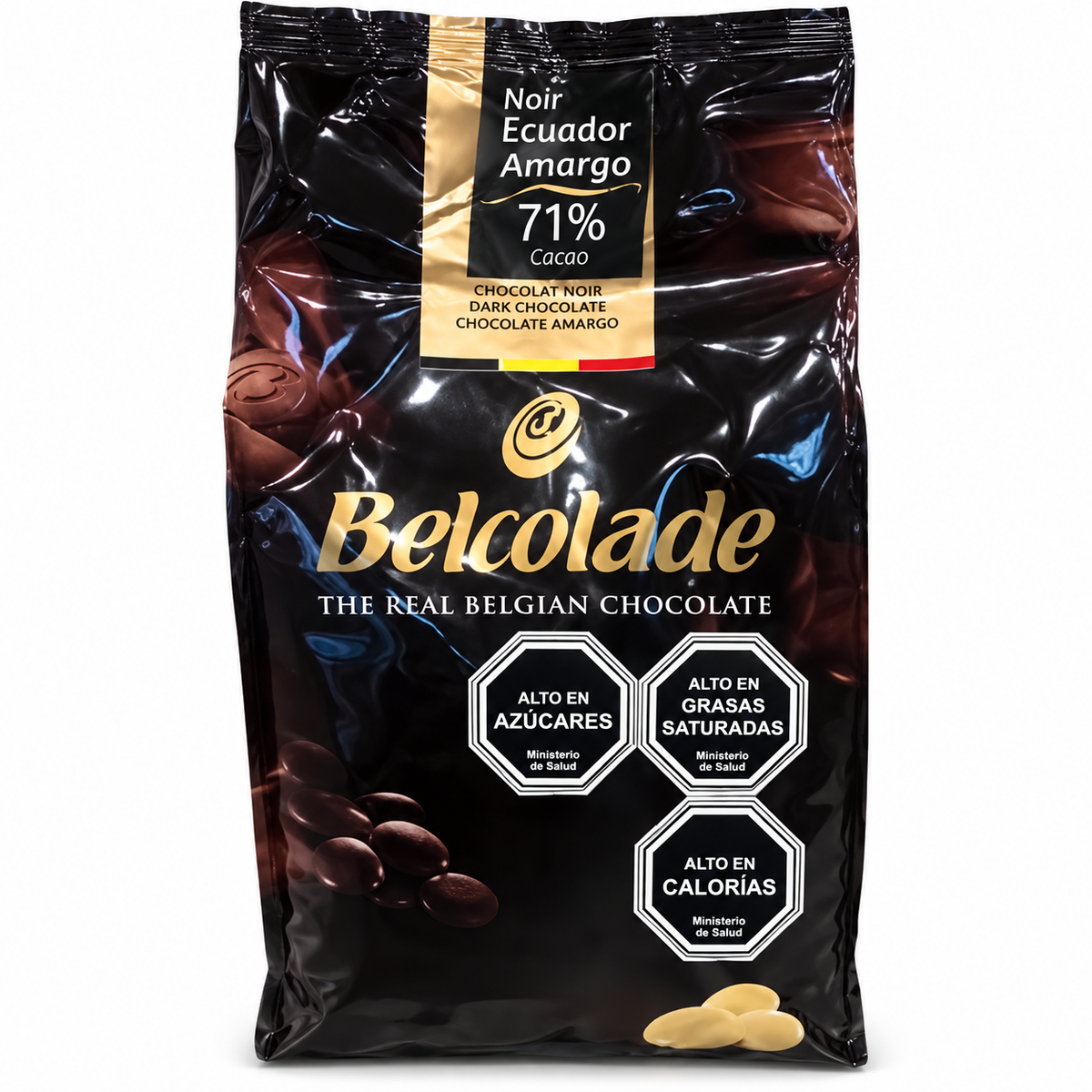 Chocolate Amargo Belcolade Noir Ecuador 71% Cacao sobre fondo blanco