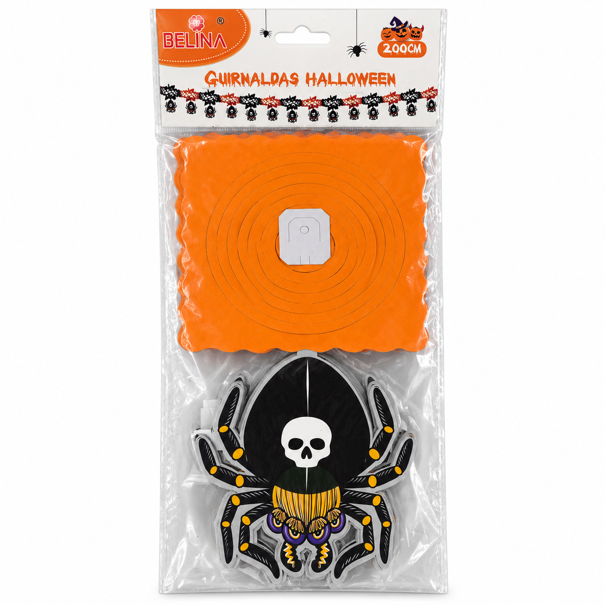 Guirnalda Halloween Araña con Calavera Belina 200 cm en su envase sobre fondo blanco