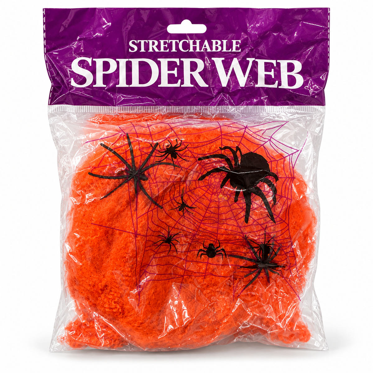 Telaraña Decorativa Extensible Halloween Naranja sobre fondo blanco