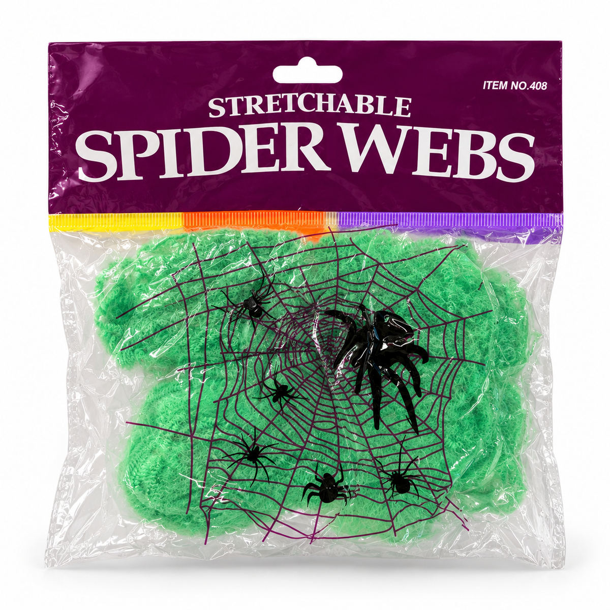 Telaraña Decorativa Extensible Halloween Verde sobre fondo blanco