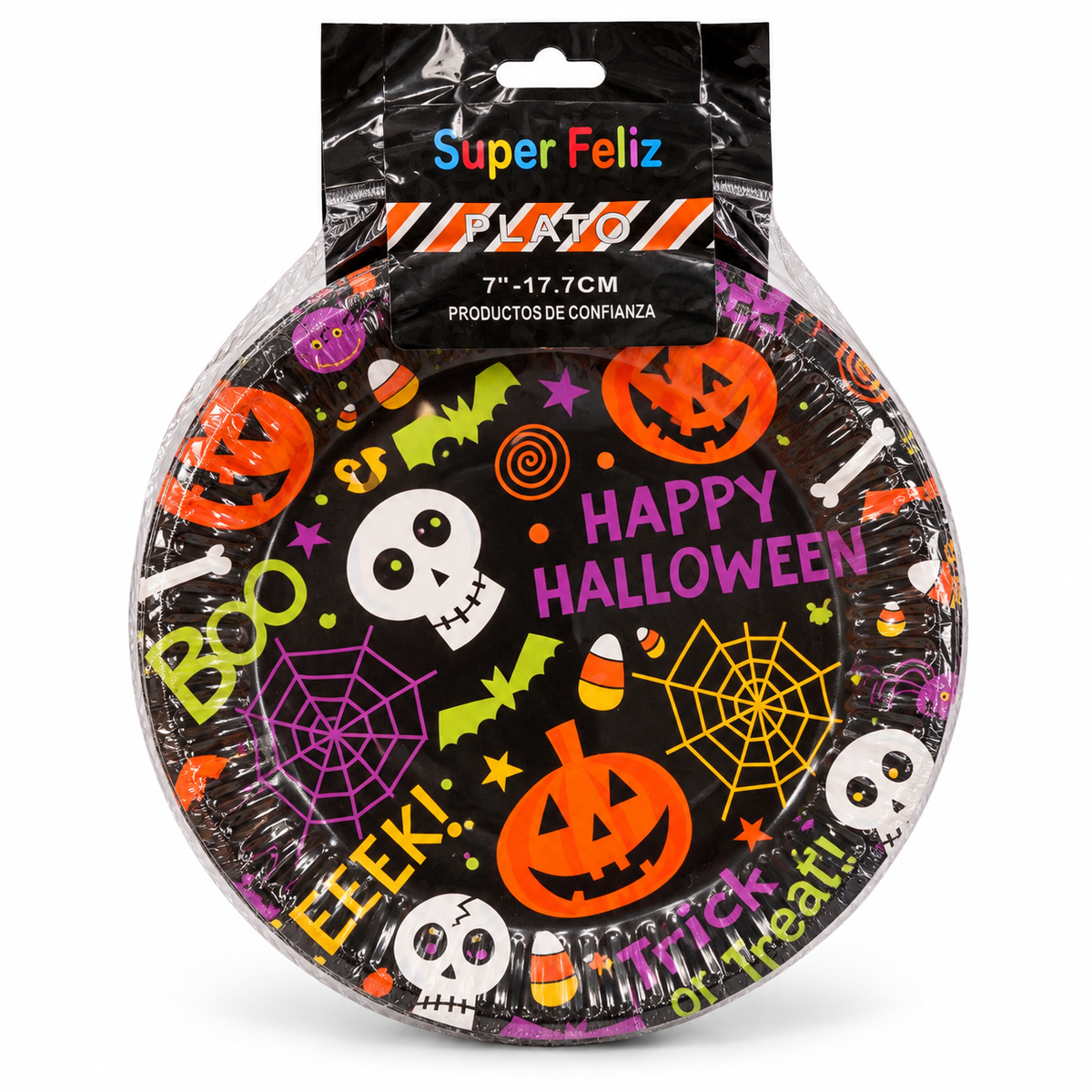 Platos Halloween Super Feliz 17,7 cm – 10 Unidades en su envase sobre fondo blanco
