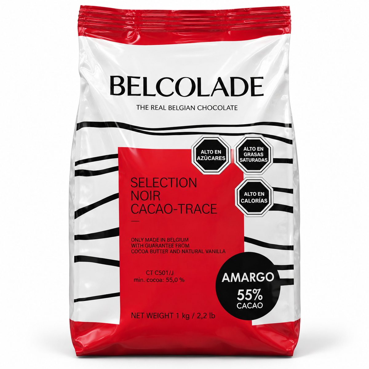 Chocolate Amargo Belcolade Noir Cacao-Trace 55% 1 kg sobre fondo blanco