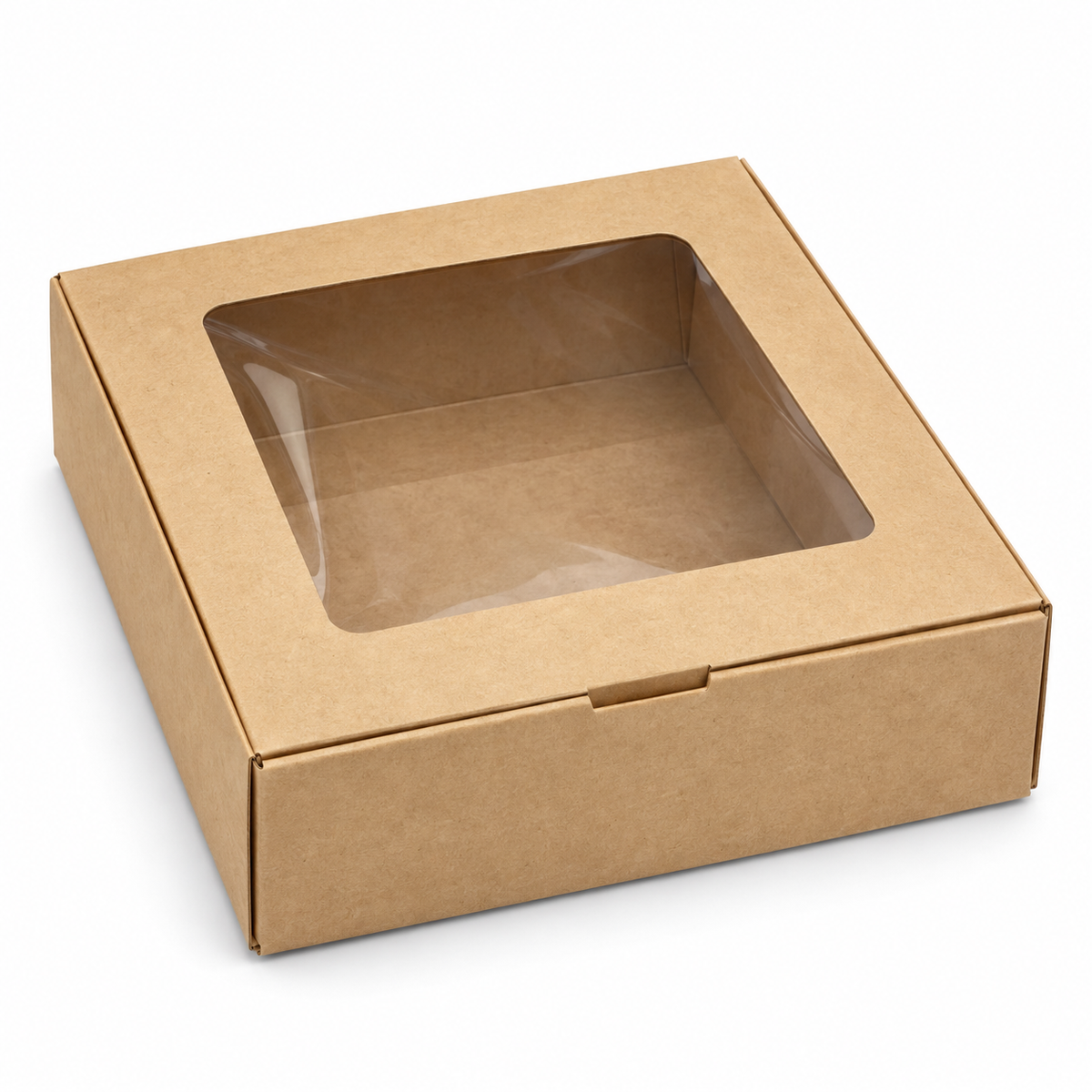 Caja Kraft con Ventana 16 × 16 × 5,5 cm sobre fondo blanco