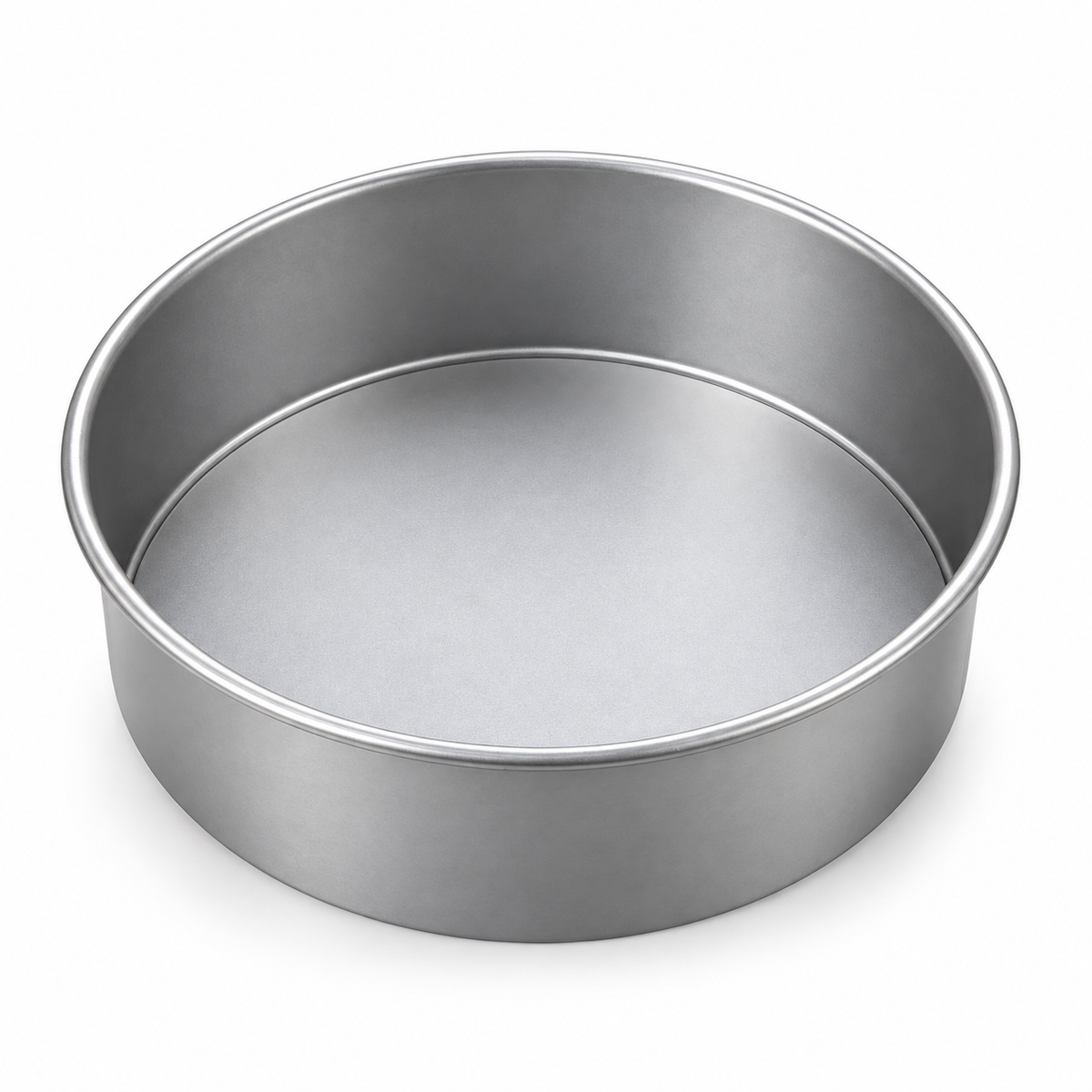 Molde redondo de aluminio con fondo desmontable de 22 cm de diámetro y 7 cm de alto sobre fondo blanco