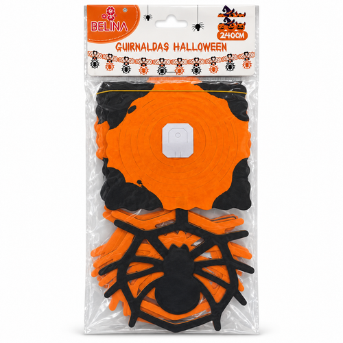 Guirnalda Halloween Arañas Naranja y Negro Belina 240 cm en su envase sobre fondo blanco