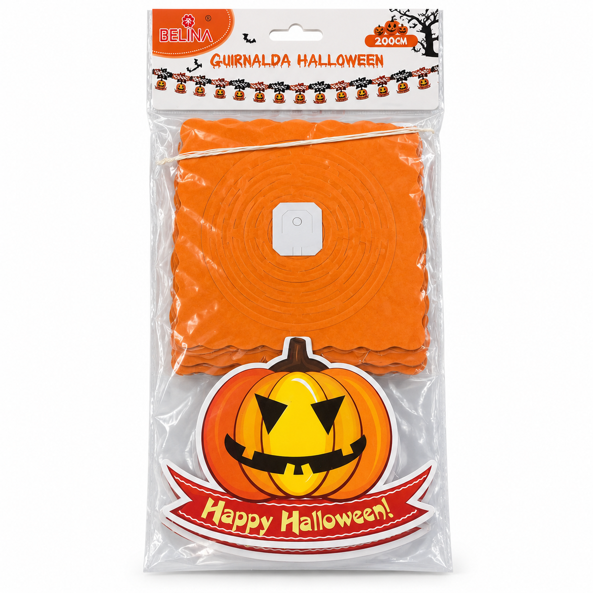 Guirnalda Happy Halloween Calabaza Belina 200 cm en su envase sobre fondo blanco
