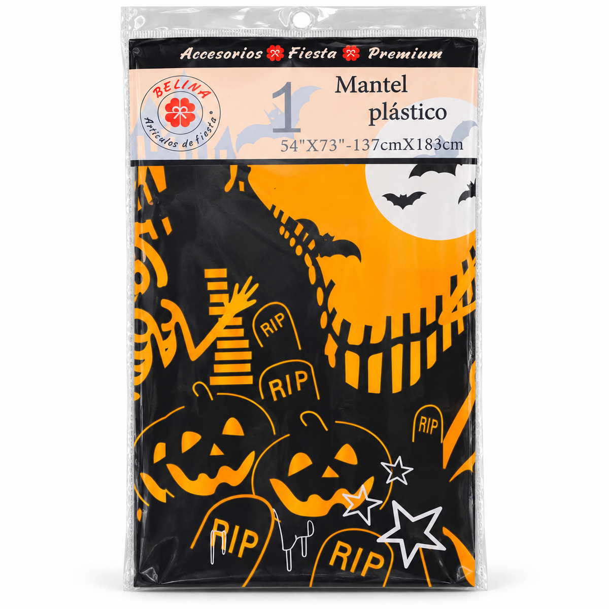 Mantel Plástico Halloween Belina 137 × 183 cm en su envase sobre fondo blanco