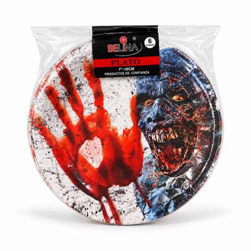 Platos Halloween Zombi Belina 18 cm – 6 Unidades sobre fondo blanco
