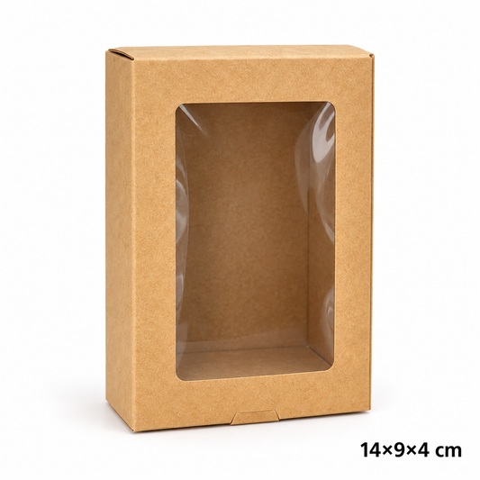 Caja Kraft con Mica – 14 × 9 × 4 cm