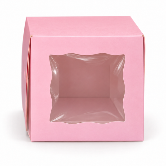 Caja Rosada con Ventana 10 × 10 × 7 cm