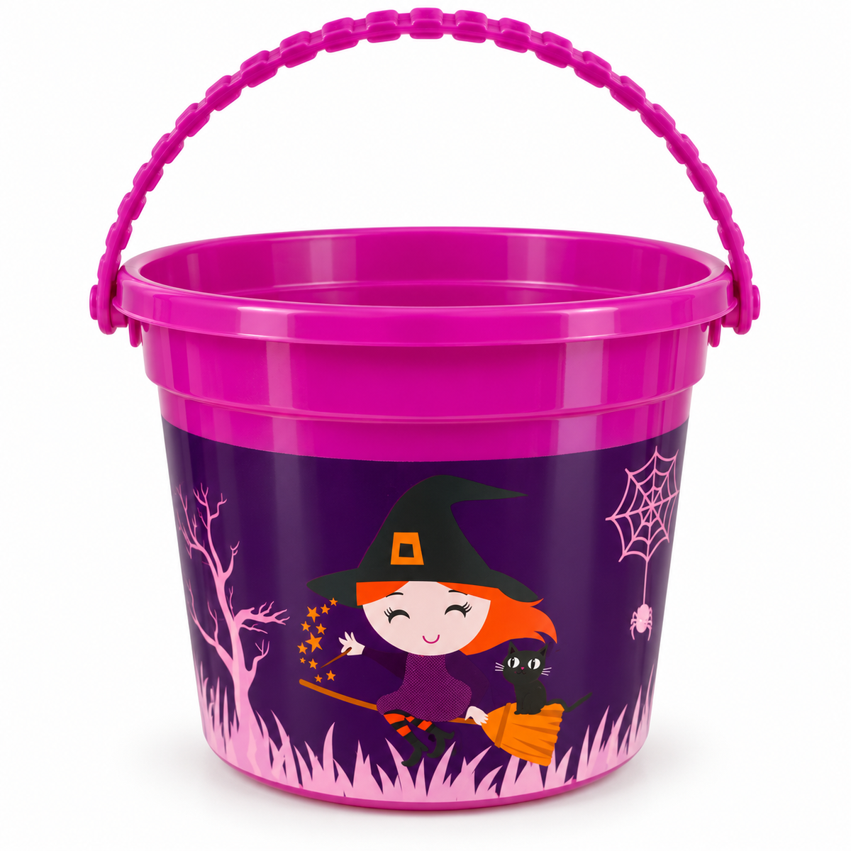 Balde Dulcero Halloween Fucsia con Brujita sobre fondo blanco
