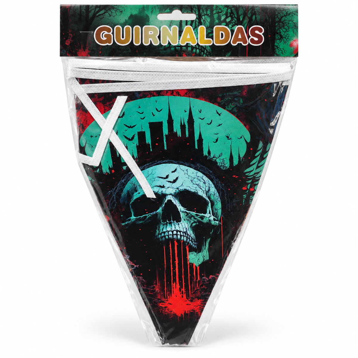 Guirnalda de Banderines Halloween Calavera y Castillo – 3 m en su envase sobre fondo blanco