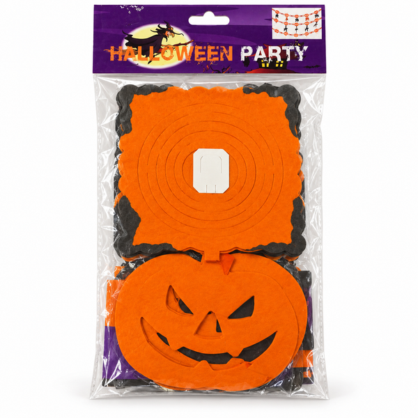 Guirnalda Halloween Party de Calabazas Naranja y Negro en su envase sobre fondo blanco