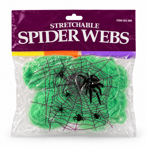 Telaraña Decorativa Extensible Halloween Verde sobre fondo blanco