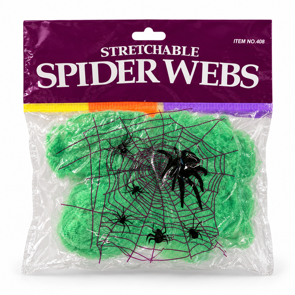 Telaraña Decorativa Extensible Halloween Verde sobre fondo blanco