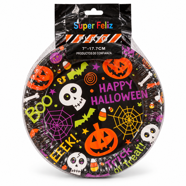 Platos Halloween Super Feliz 17,7 cm – 10 Unidades en su envase sobre fondo blanco