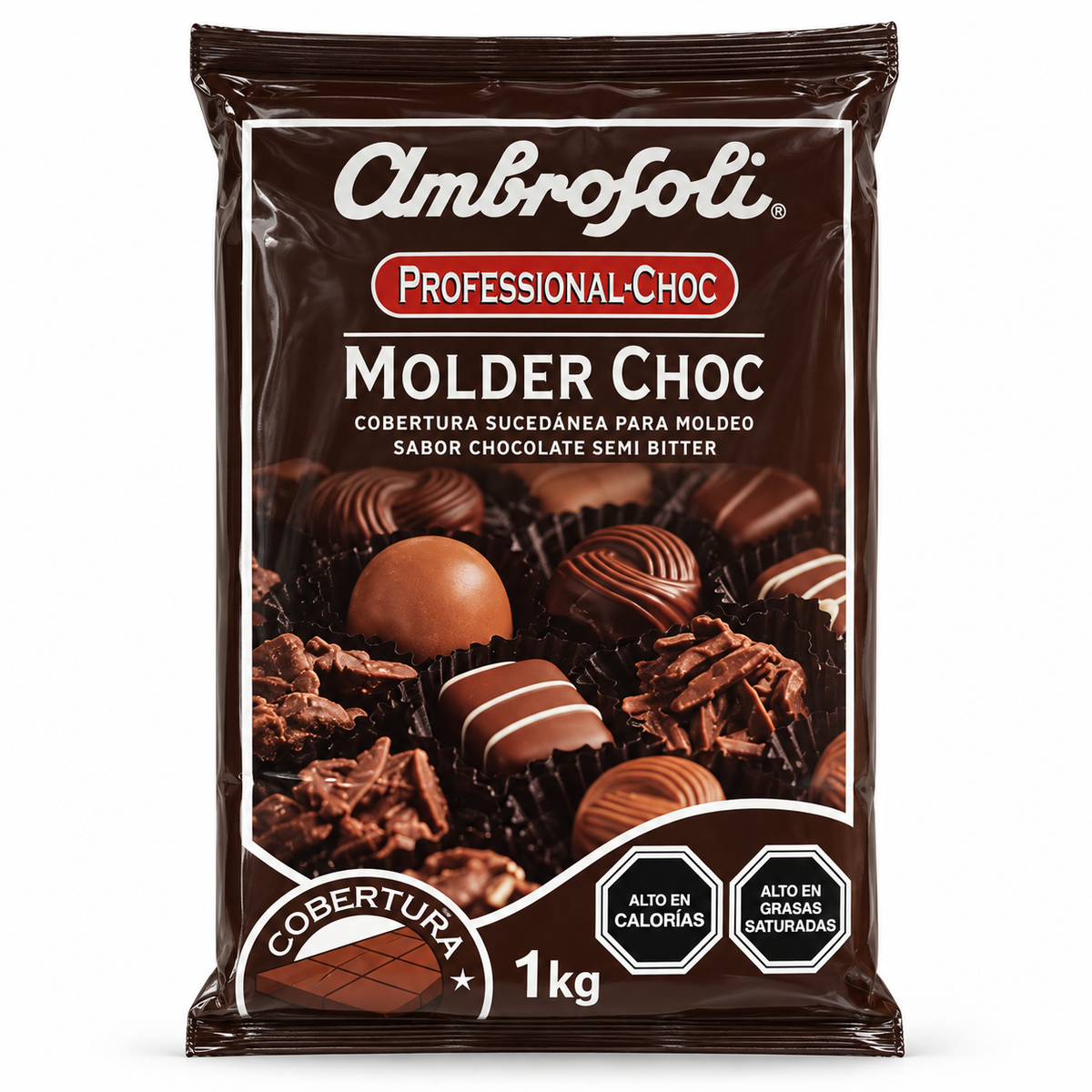 Cobertura Ambrosoli Molder Choc Semi Bitter 1 kg sobre fondo blanco