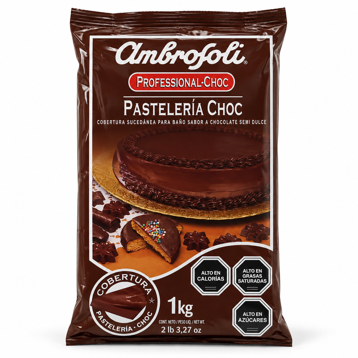 Cobertura Ambrosoli Pastelería Choc Semidulce 1 kg sobre fondo blanco