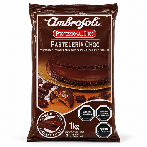 Cobertura Ambrosoli Pastelería Choc Semidulce 1 kg sobre fondo blanco