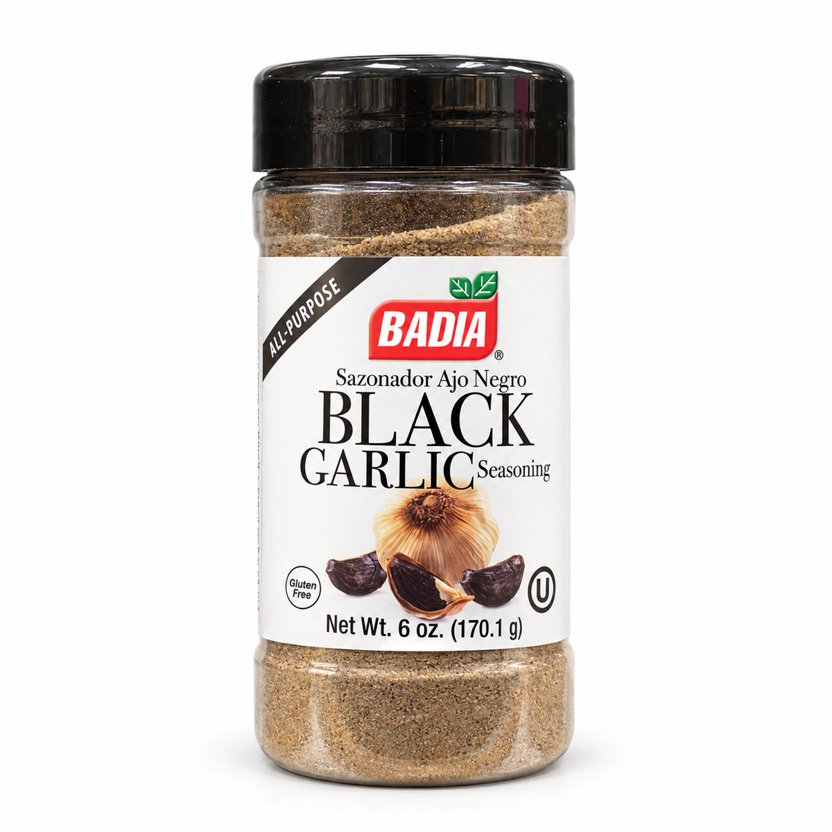Sazonador de Ajo Negro Badia 170,1 g, producto individual sobre fondo blanco