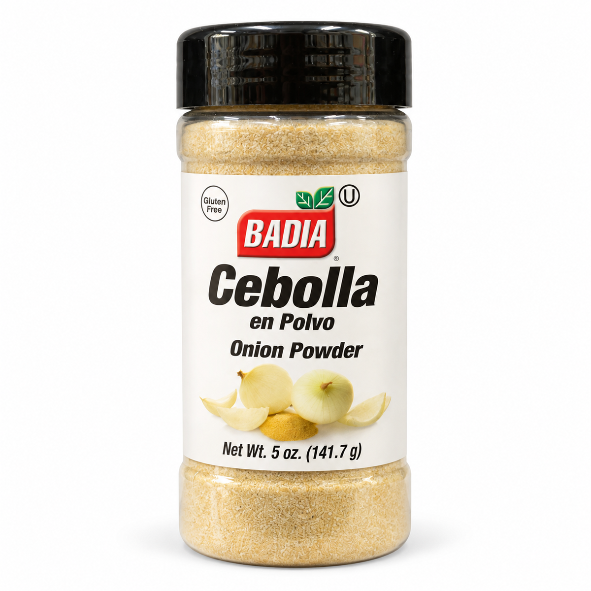 Cebolla en Polvo Badia 141,7 g, producto individual sobre fondo blanco