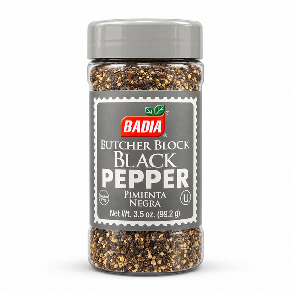 Pimienta Negra Badia Butcher Block 99,2 g, producto individual sobre fondo blanco