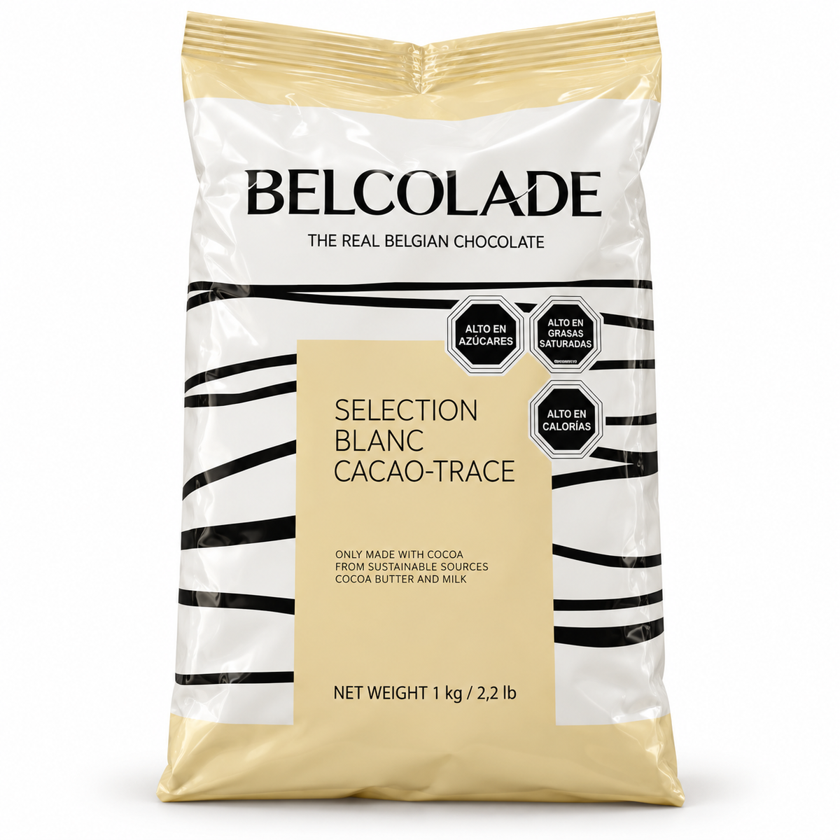 Chocolate Blanco Belcolade Blanc Cacao-Trace 1 kg sobre fondo blanco