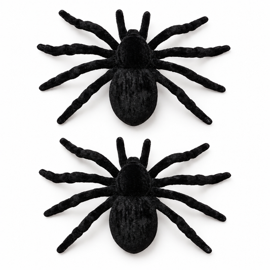 Arañas Decorativas Negras Aterciopeladas Belina – 2 Unidades sobre fondo blanco