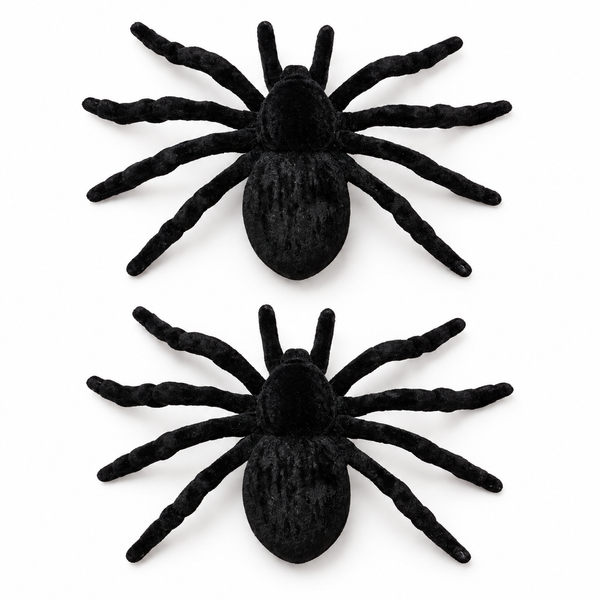 Arañas Decorativas Negras Aterciopeladas Belina – 2 Unidades sobre fondo blanco
