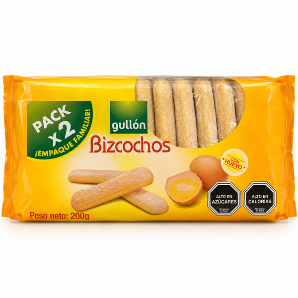 Bizcochos Gullón con huevo de 200 g en su paquete amarillo sobre fondo blanco