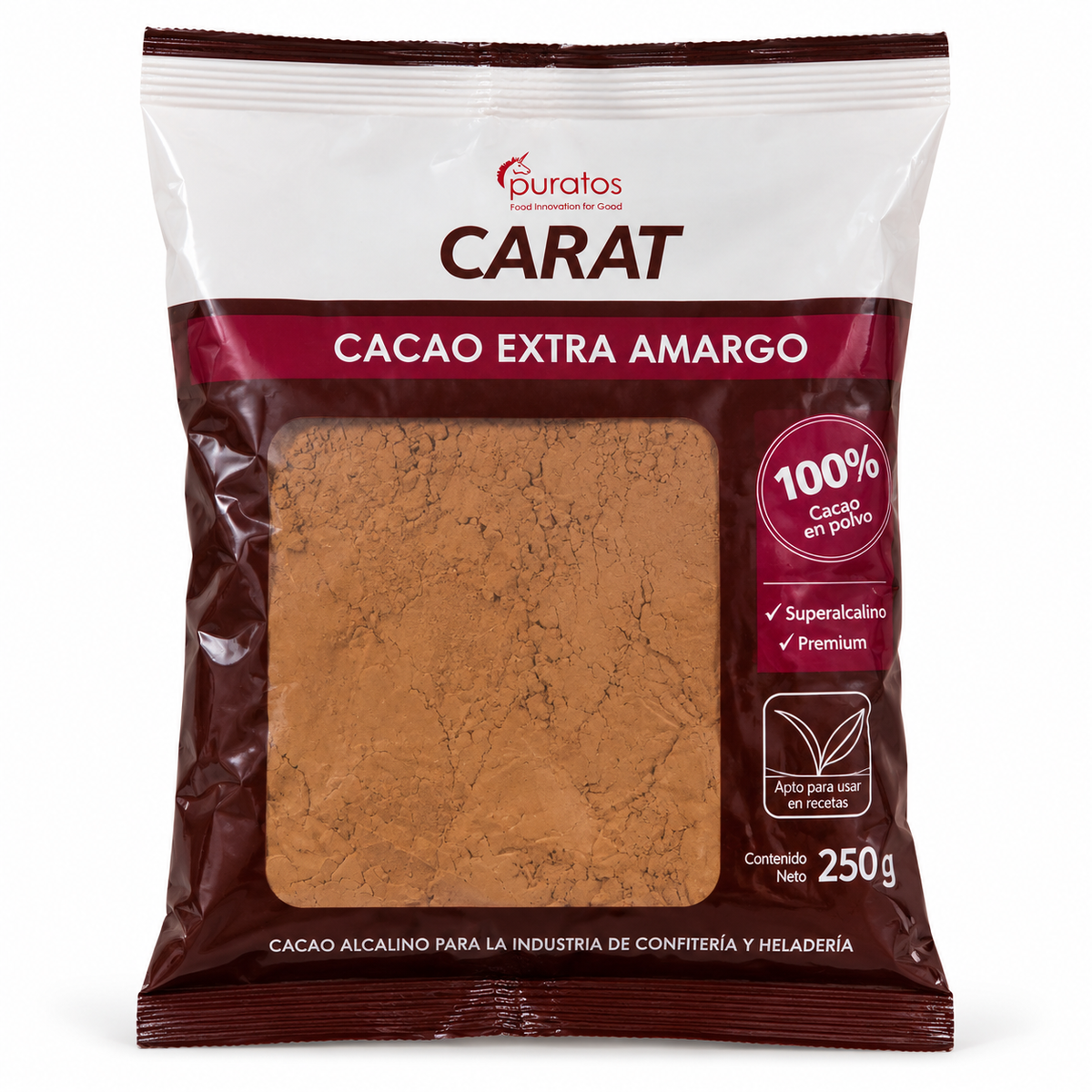 Cacao Extra Amargo Puratos Carat 250 g sobre fondo blanco