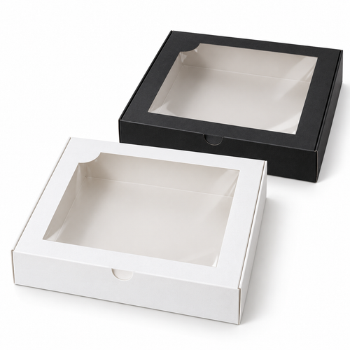 Cajas bajas blanca y negra con ventana 25 x 25 x 5 cm