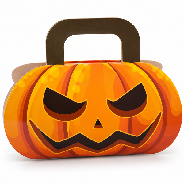 Caja Dulcera de Cartón Halloween Calabaza con Asa sobre fondo blanco