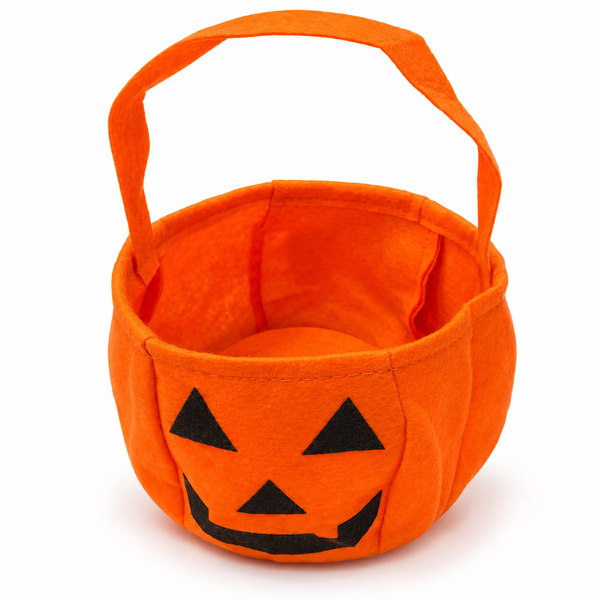 Canasto Dulcero de Fieltro Halloween Calabaza con Asa sobre fondo blanco