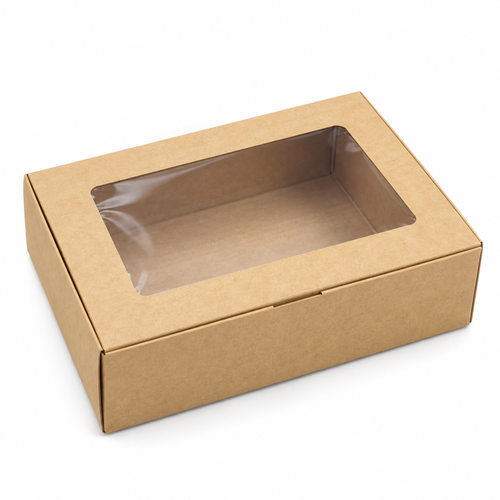 Caja Kraft con Ventana 20 × 14 × 5,5 cm sobre fondo blanco