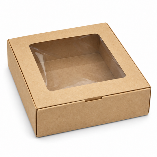 Caja Kraft con Ventana 16 × 16 × 5,5 cm sobre fondo blanco