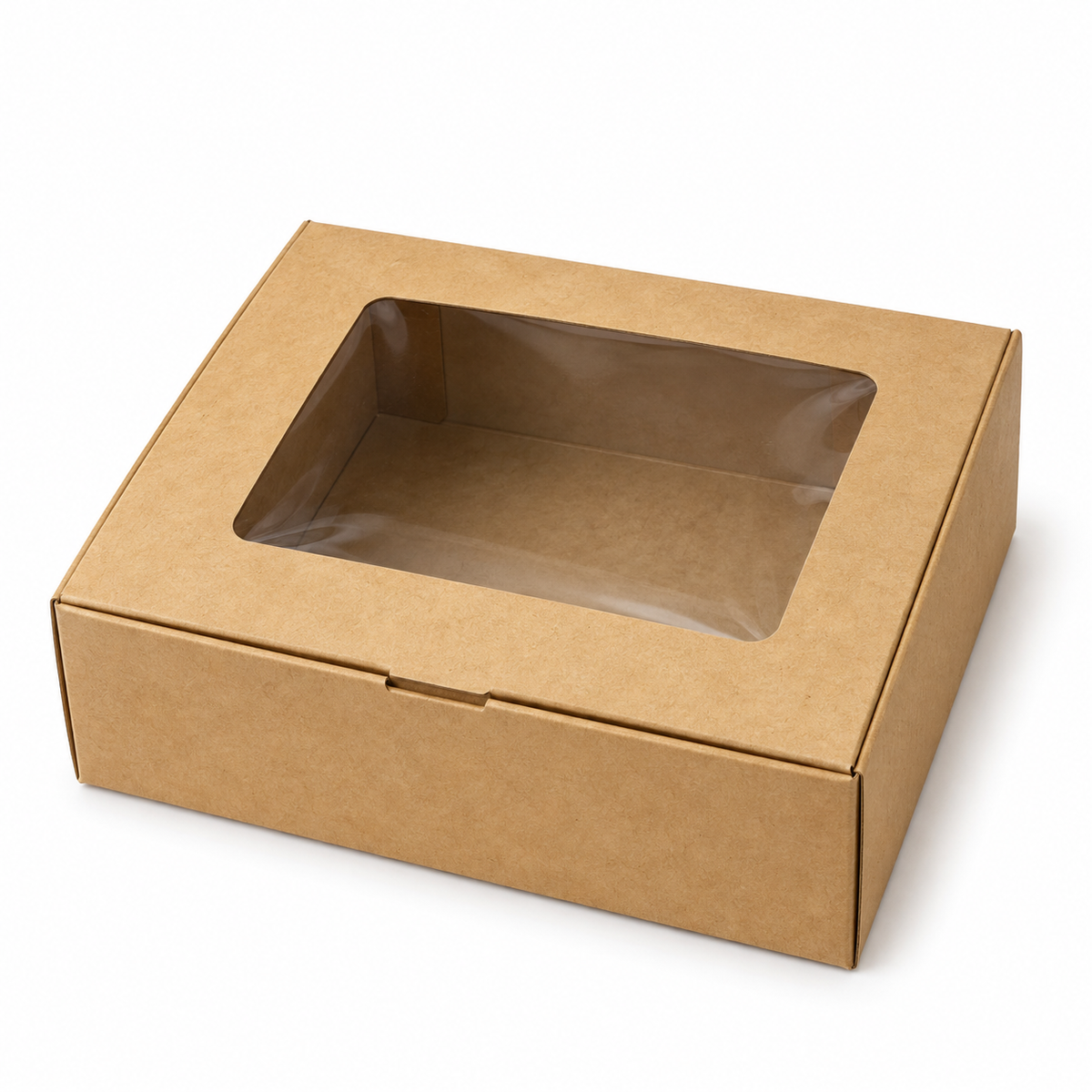 Caja Kraft con Ventana 14 × 12 × 5,5 cm sobre fondo blanco