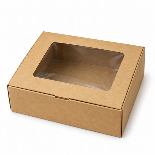 Caja Kraft con Ventana 14 × 12 × 5,5 cm sobre fondo blanco