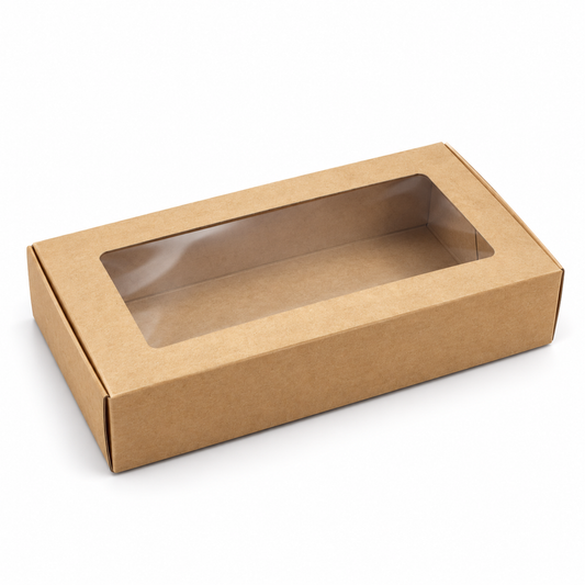 Caja Kraft con Ventana 22 × 11 × 4 cm sobre fondo blanco