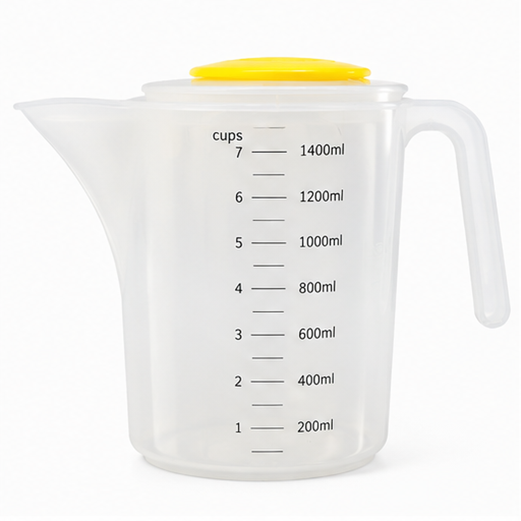 Jarra Medidora Plástica con Tapa Amarilla 1,4 L, producto individual fondo blanco