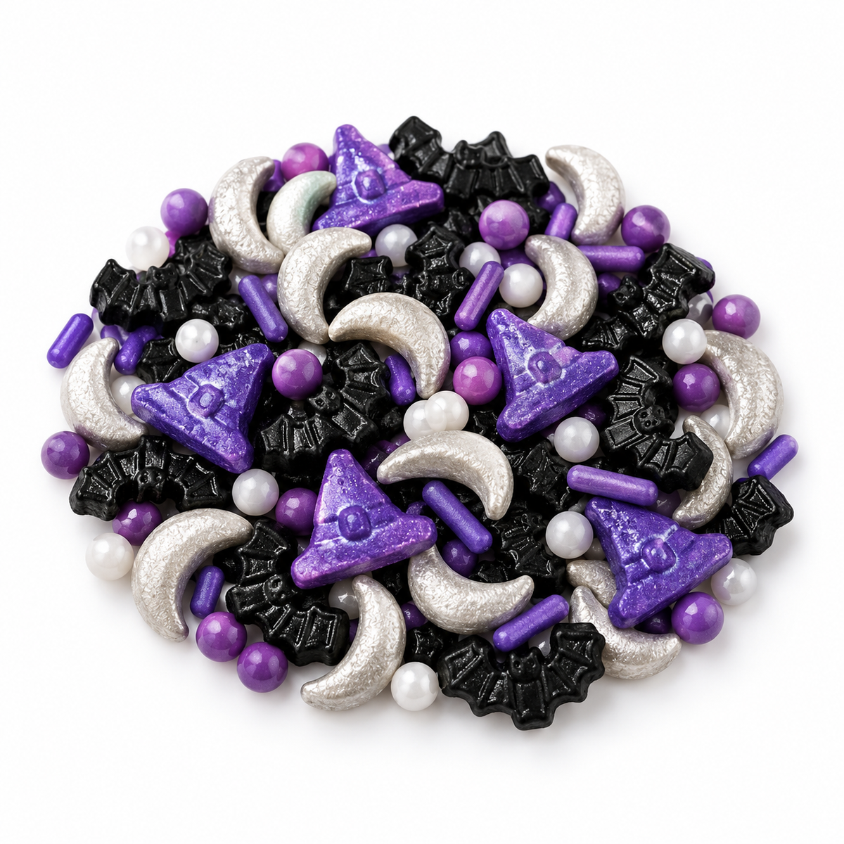 Mostacillas Halloween Mix Sombreros Morados, Lunas y Murciélagos sobre fondo blanco