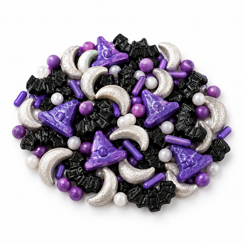 Mostacillas Halloween Mix Sombreros Morados, Lunas y Murciélagos sobre fondo blanco