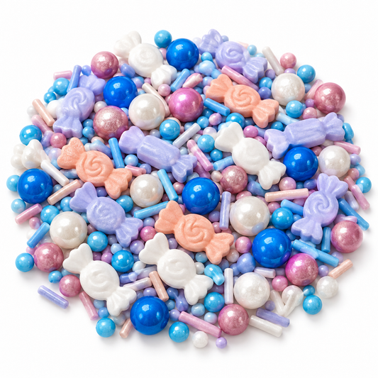Mostacillas Mix Caramelos y Perlas de Colores sobre fondo blanco
