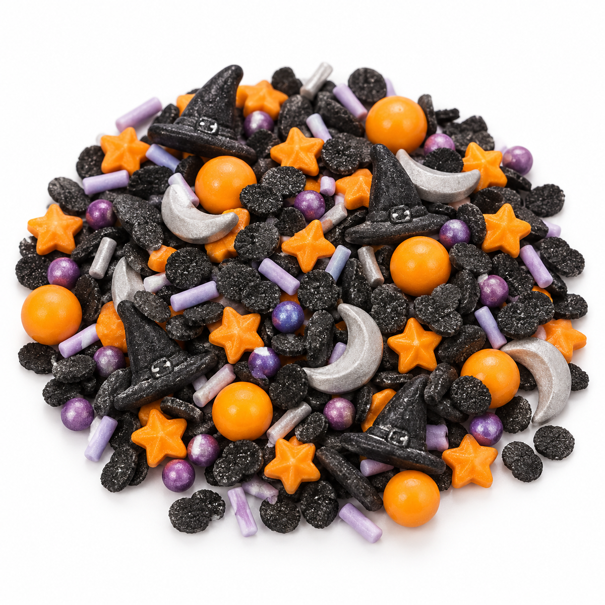 Mostacillas Halloween Mix Sombreros Negros y Estrellas sobre fondo blanco
