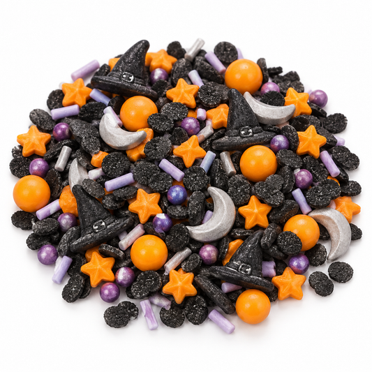 Mostacillas Halloween Mix Sombreros Negros y Estrellas sobre fondo blanco