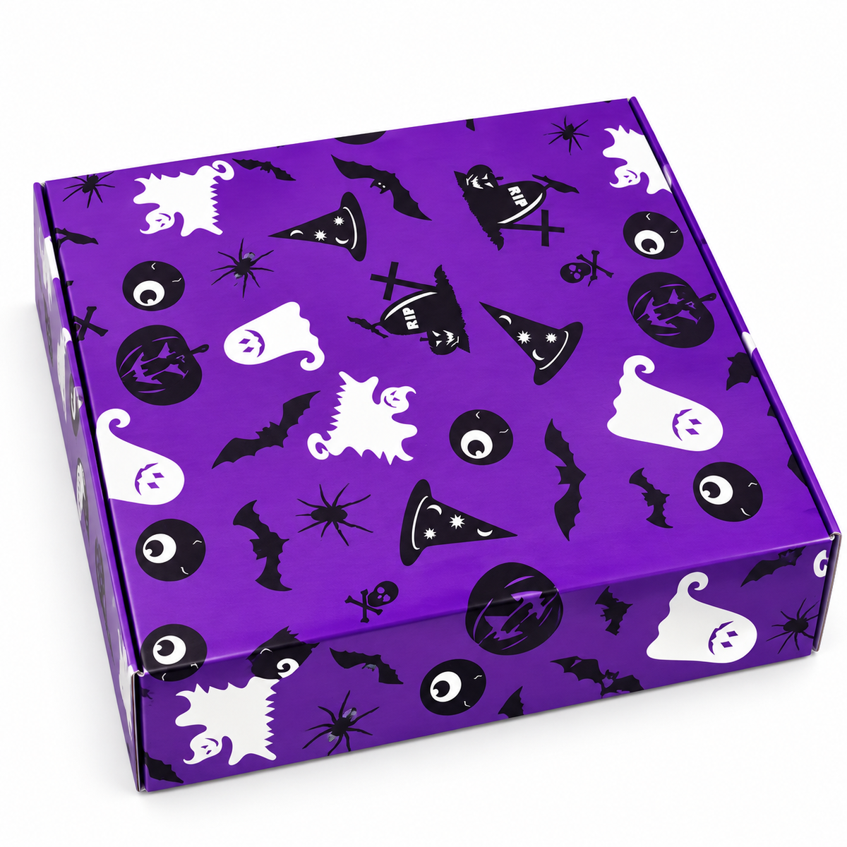 Caja Morada Halloween con Estampado de Fantasmas y Murciélagos – 1 Unidad fotografía profesional sobre fondo blanco
