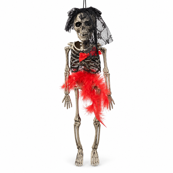 Esqueleto Colgante Decorativo Halloween con Velo Negro y Plumas Rojas fotografía individual fondo blanco