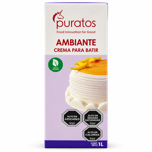 Crema Puratos Ambiante 1 L envase con torta y frutas naranjas