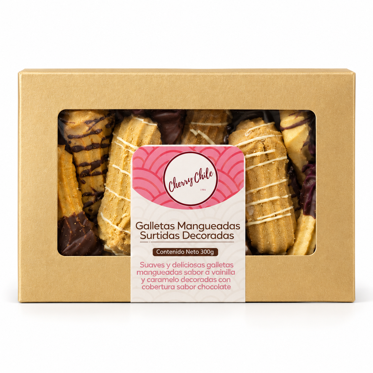 Galletas Mangueadas Surtidas Decoradas Cherry Chile 300 g sobre fondo blanco