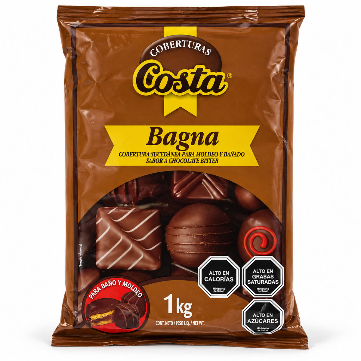 Cobertura Costa Bagna Bitter para Baño y Moldeo 1 kg sobre fondo blanco